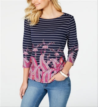 Blusa feminina listrada com estampa paisley Charter Club, azul, tamanho XX-G