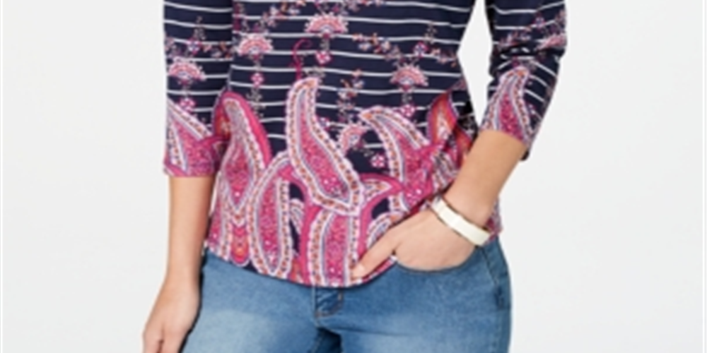 Blusa feminina listrada com estampa paisley Charter Club, azul, tamanho XX-G