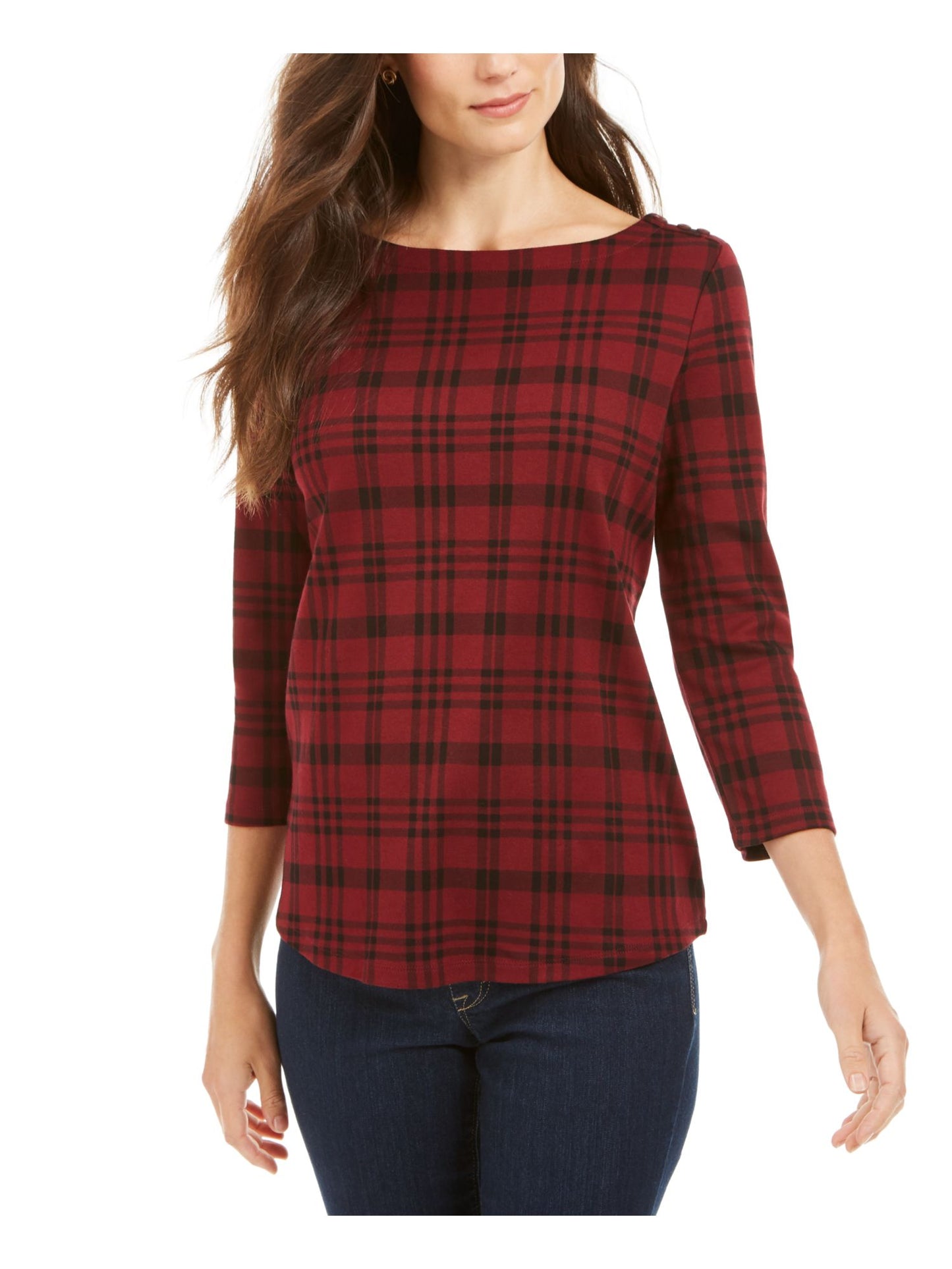 Charter Club Feminino Pima Algodão Botão Ombro Estampado Top Vermelho Tamanho Pequeno Grande