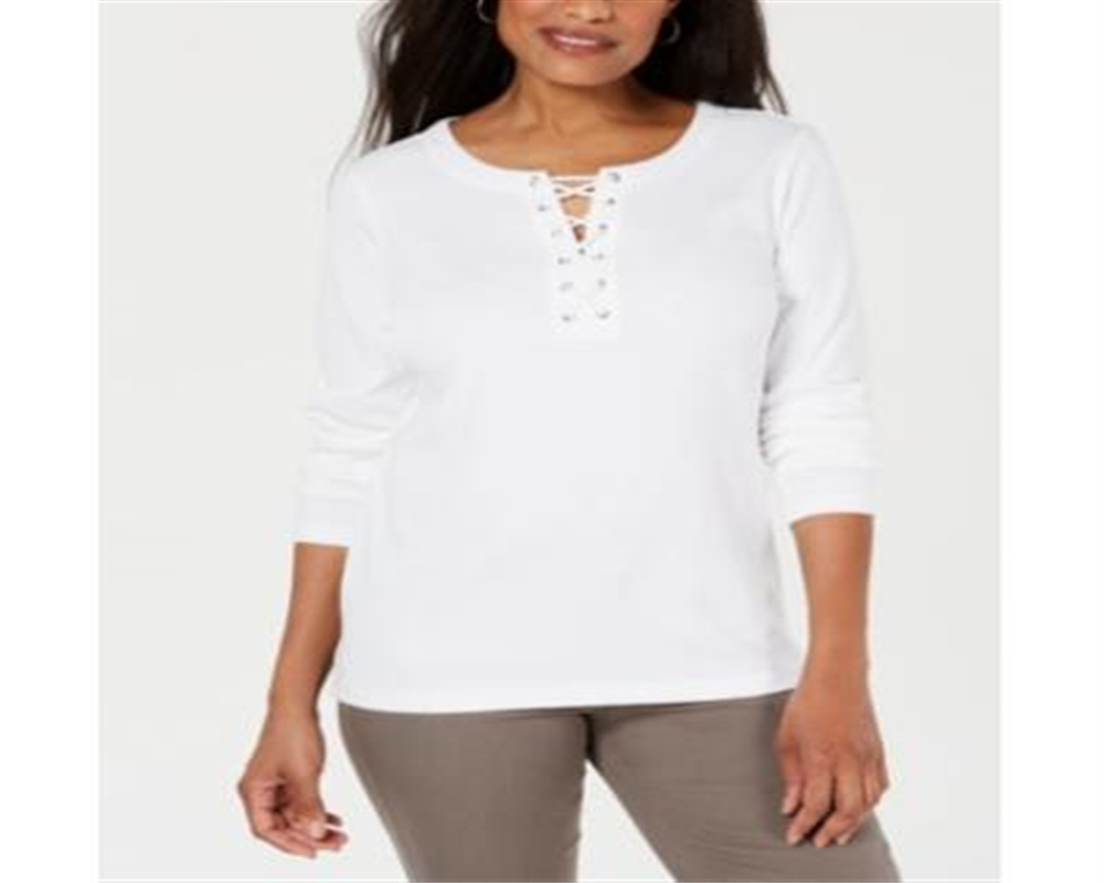 Karen Scott Blusa de algodão com cadarço feminina, branca, tamanho pequeno