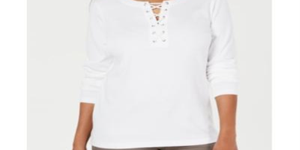 Karen Scott Blusa de algodão com cadarço feminina, branca, tamanho pequeno