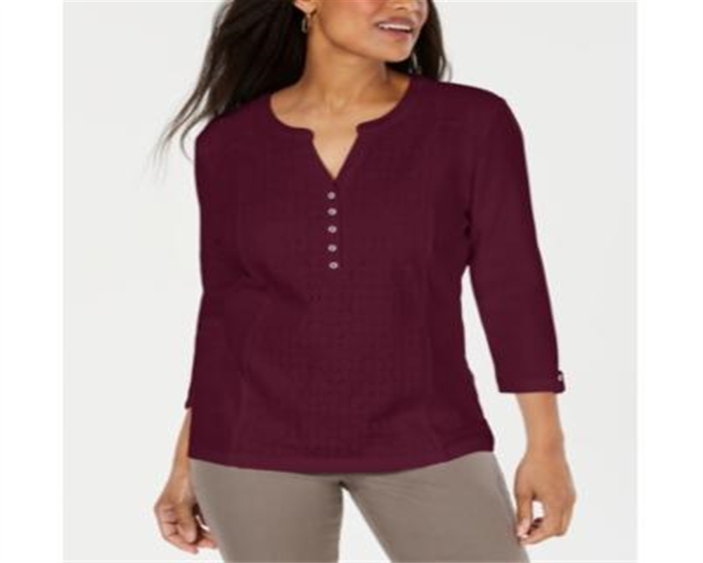 Karen Scott Top Henley Feminino com Renda Frontal Vermelho Tamanho Médio