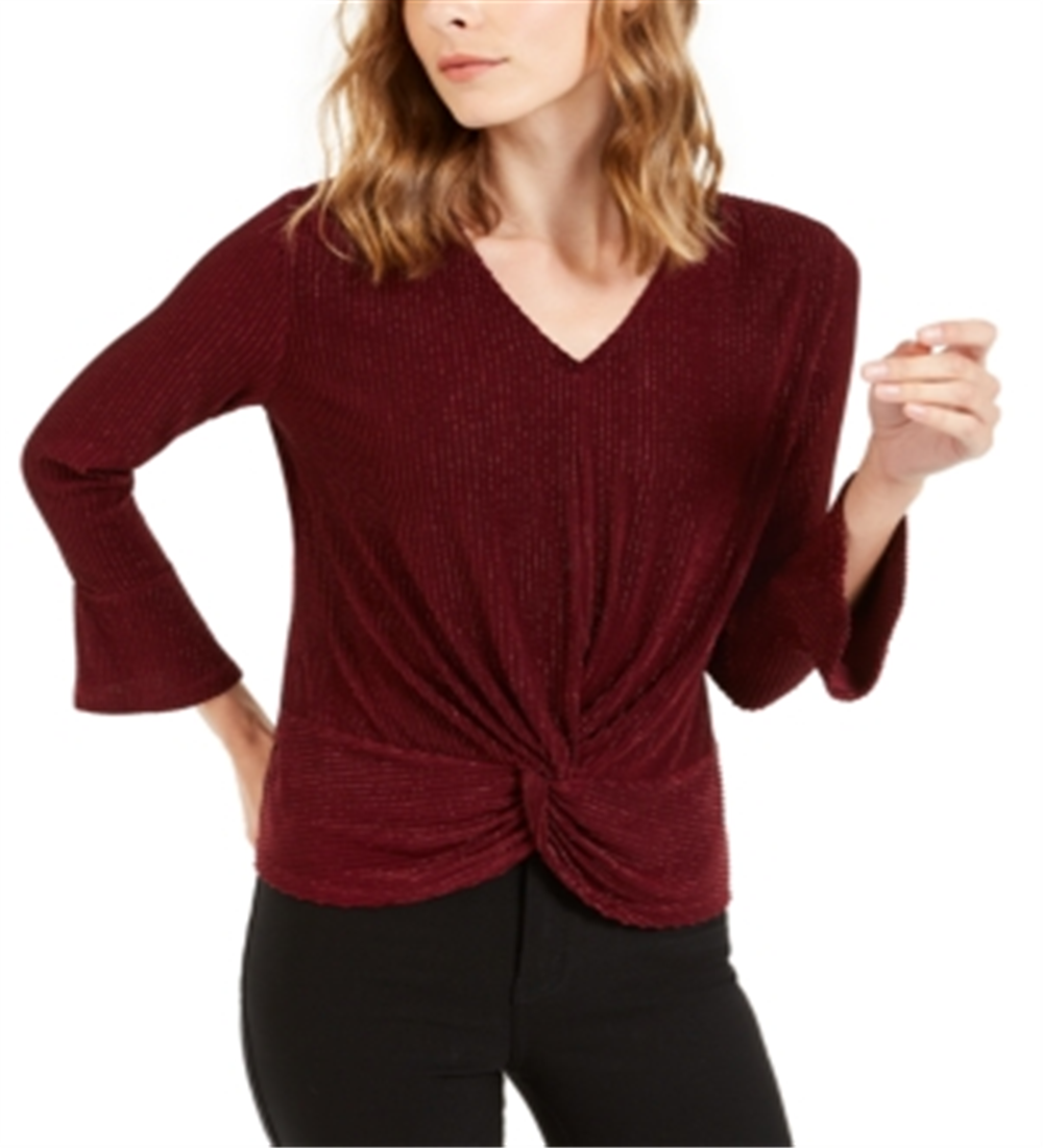 Blusa feminina Alfani com listras metálicas e nó frontal, vermelha, tamanho pequeno médio