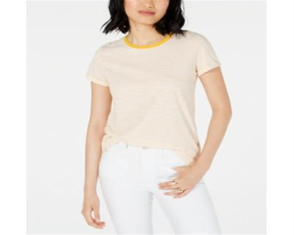 Camiseta feminina Maison Jules com decote redondo e manga curta, amarela, tamanho pequeno