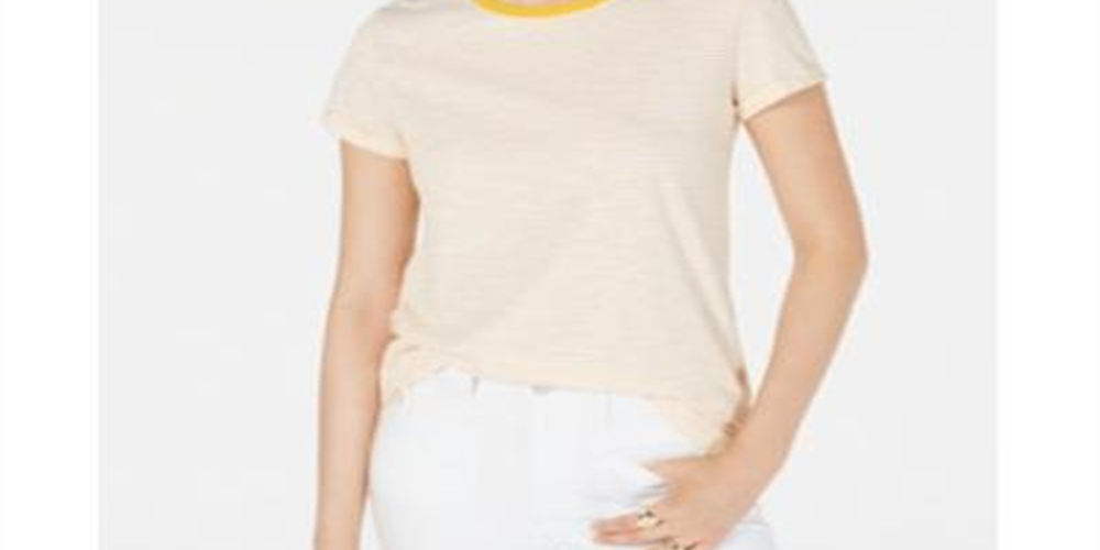 Camiseta feminina Maison Jules com decote redondo e manga curta, amarela, tamanho pequeno