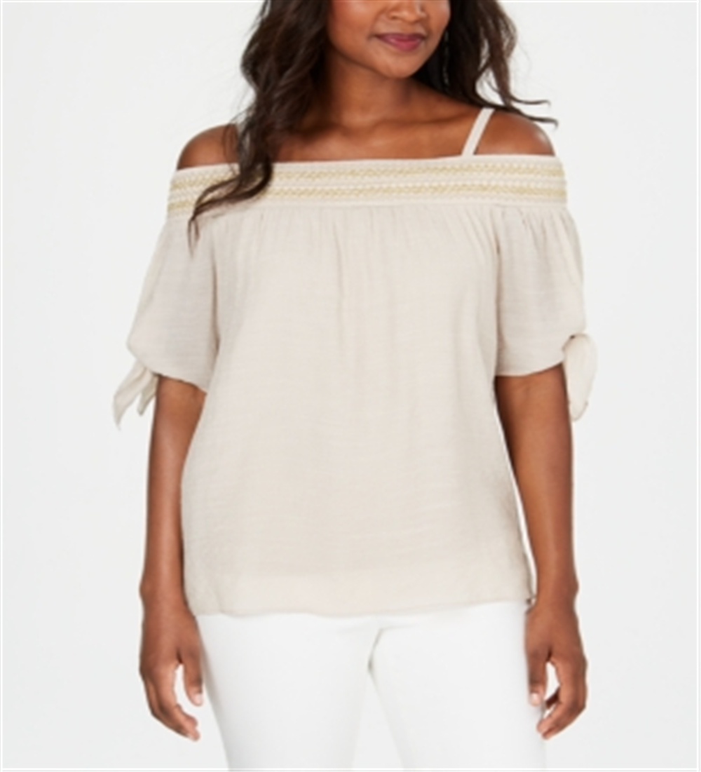JM Collection Blusa feminina de gaze com ombros de fora e franzido, marrom, tamanho médio