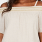 JM Collection Blusa feminina de gaze com ombros de fora e franzido, marrom, tamanho médio