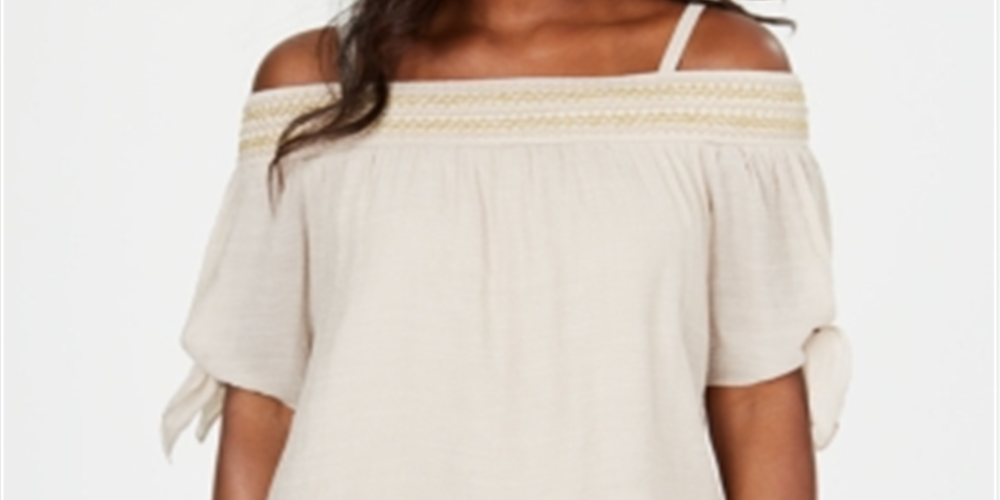 JM Collection Blusa feminina de gaze com ombros de fora e franzido, marrom, tamanho médio