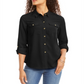 Camisa feminina Charter Club lisa com botões, preta, tamanho pequeno G
