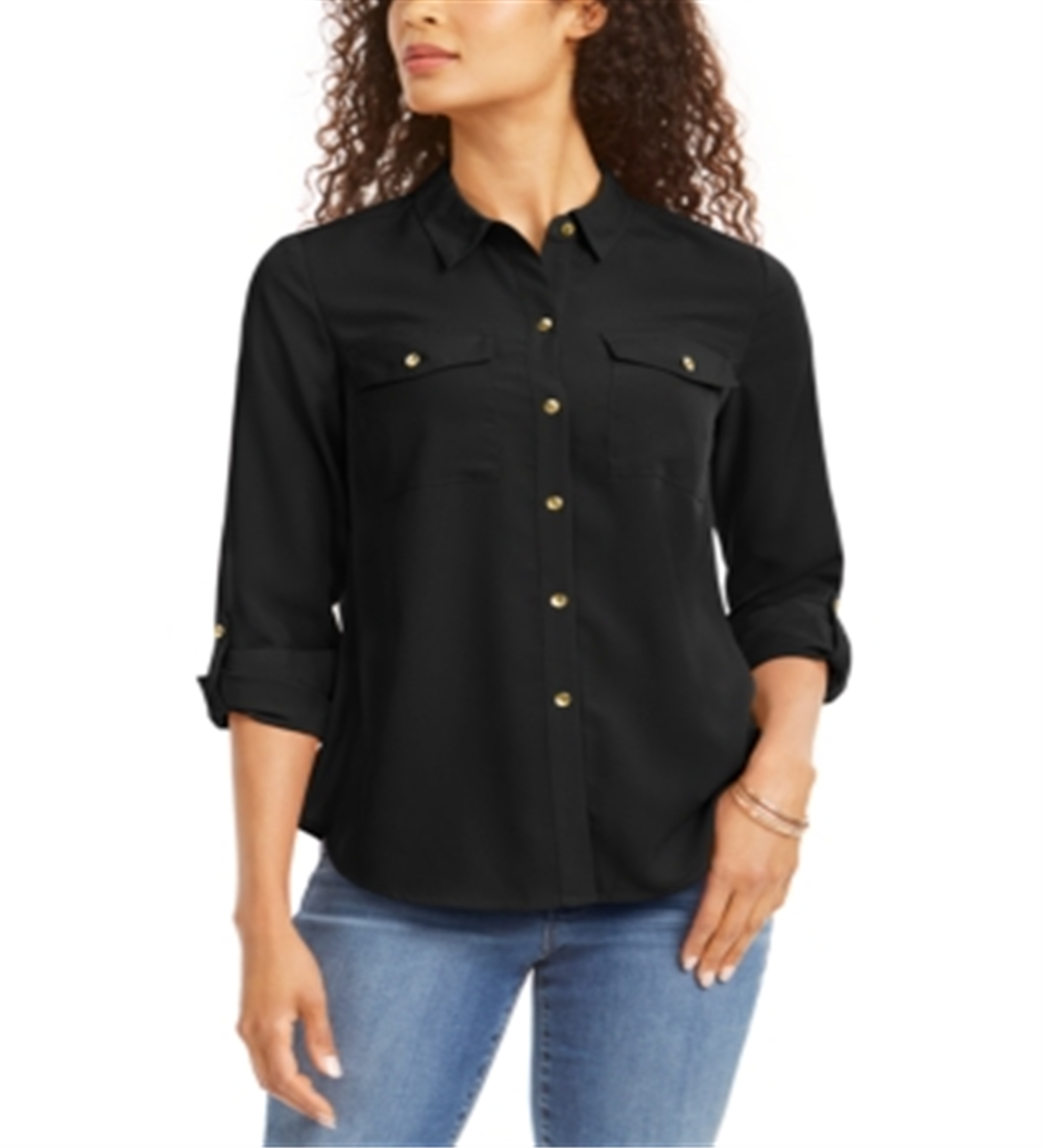 Camisa feminina Charter Club lisa com botões, preta, tamanho pequeno G