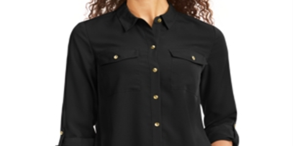 Camisa feminina Charter Club lisa com botões, preta, tamanho pequeno G