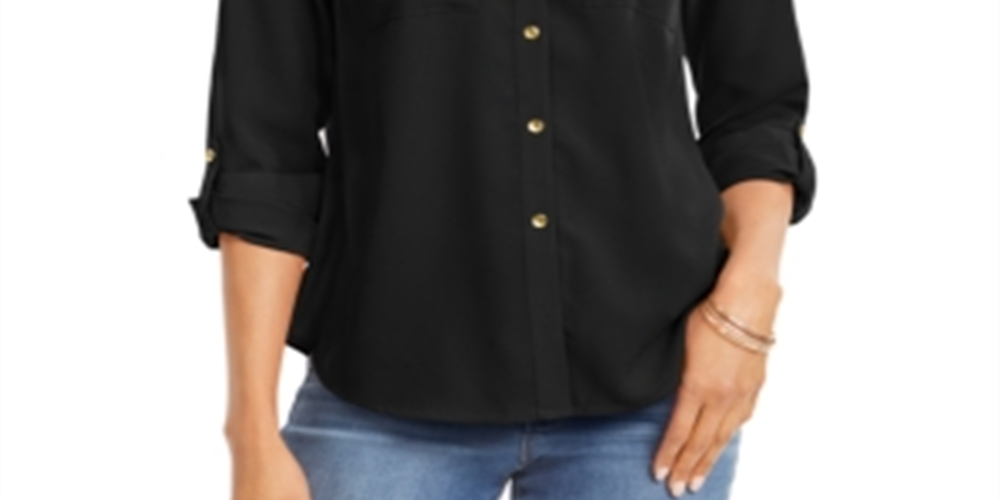 Camisa feminina Charter Club lisa com botões, preta, tamanho pequeno G