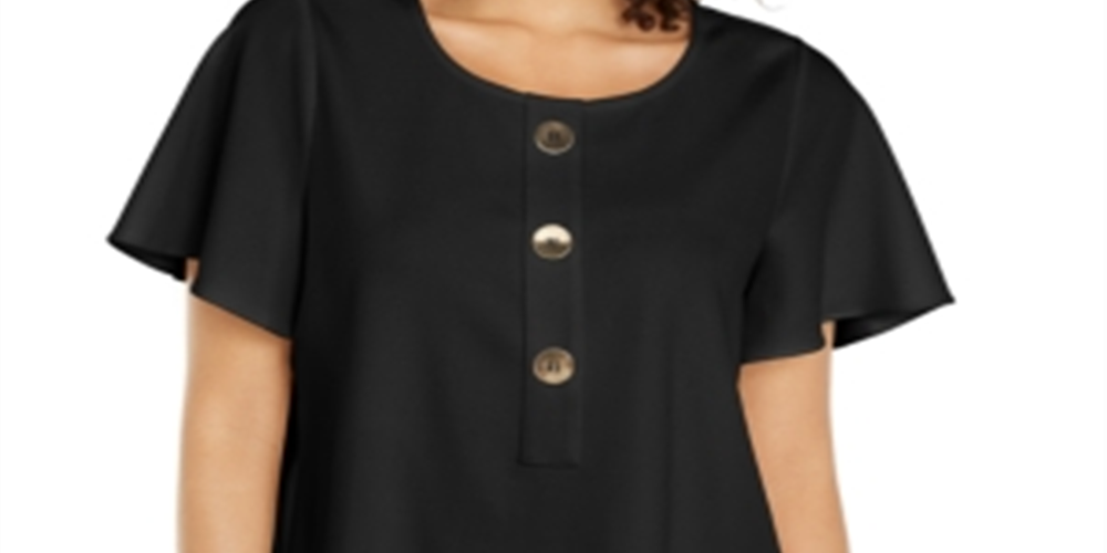 Blusa feminina Alfani com botões frontais e mangas bufantes, preta, tamanho pequeno G