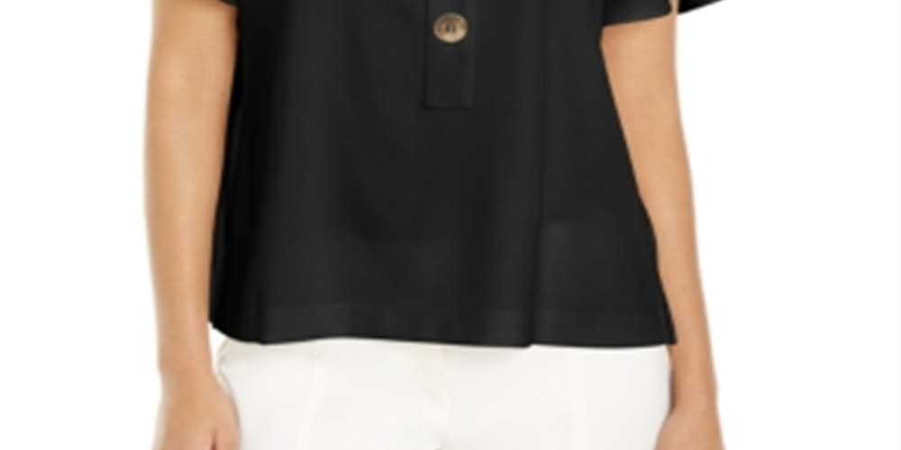 Blusa feminina Alfani com botões frontais e mangas bufantes, preta, tamanho pequeno G