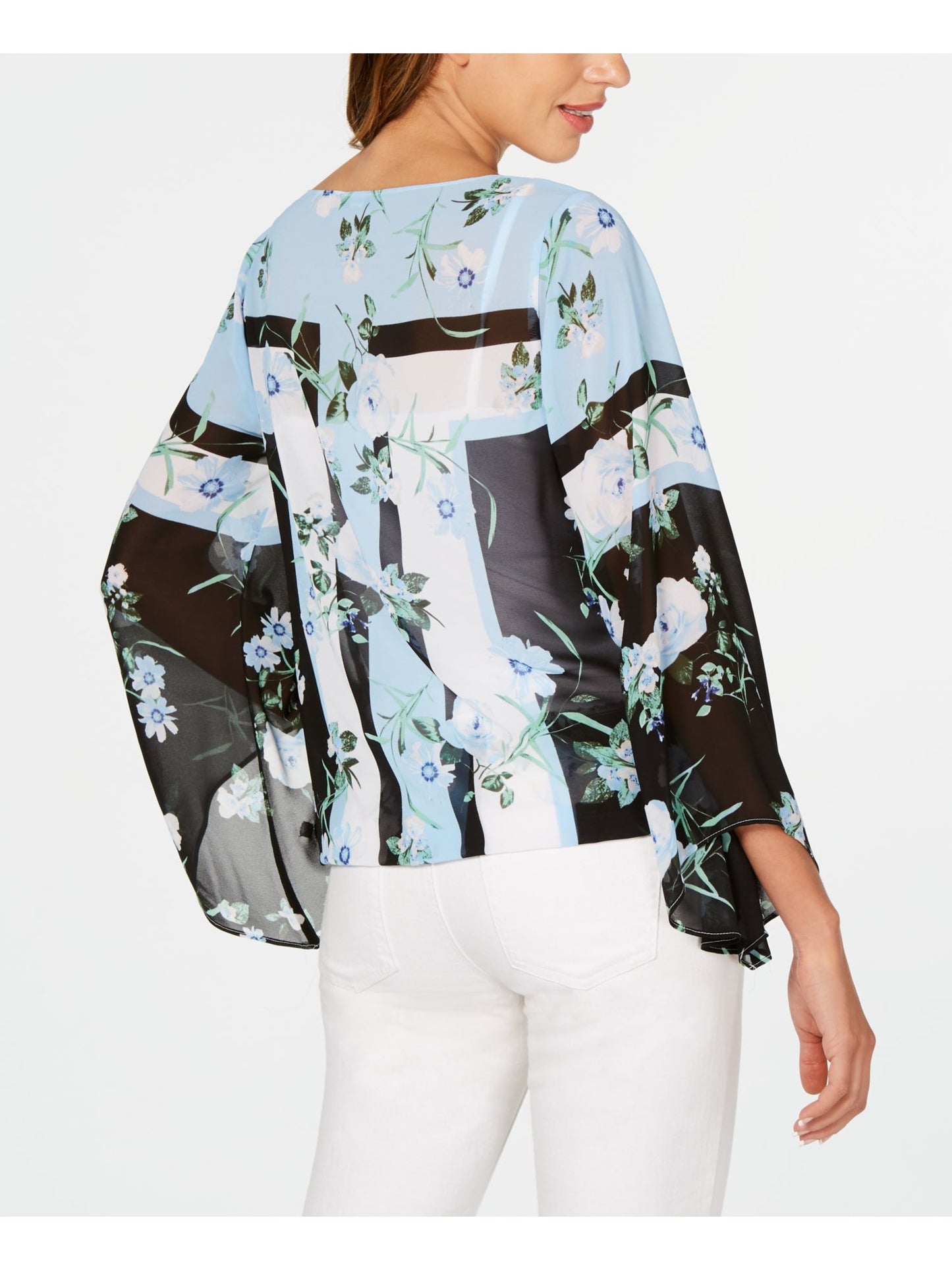 Blusa feminina Alfani com estampa floral e manga sino, gola alta, azul, pequena e pequena