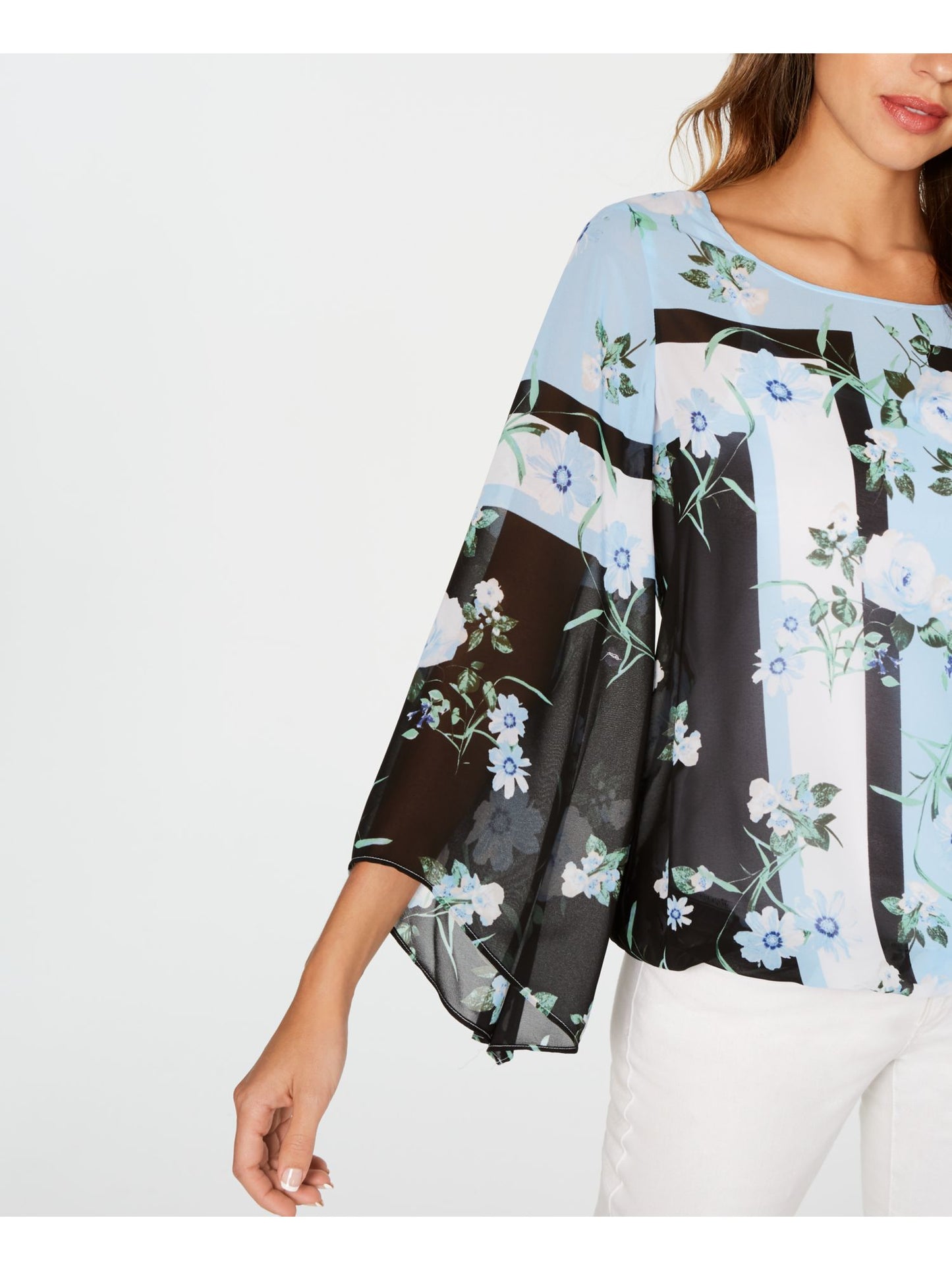 Blusa feminina Alfani com estampa floral e manga sino, gola alta, azul, pequena e pequena