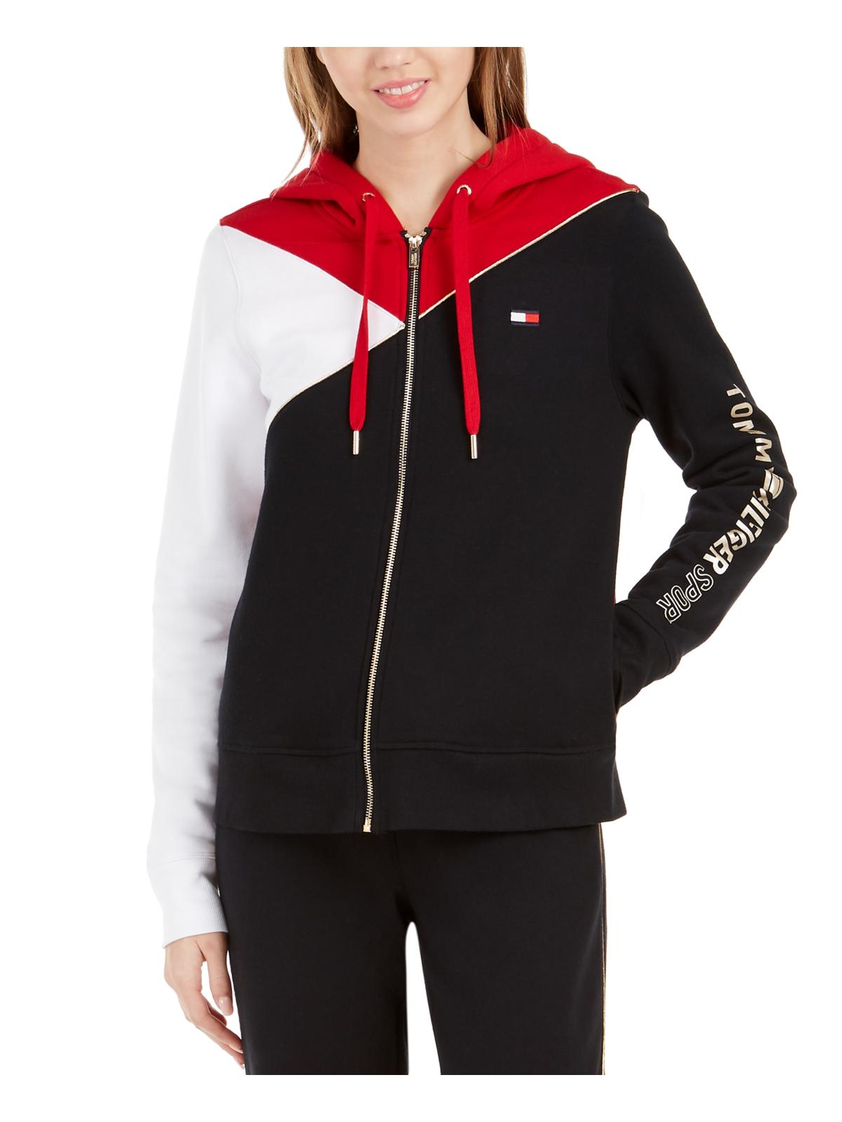 Tommy Hilfiger Sport Colorblocked Moletom com capuz e zíper feminino, preto, tamanho médio