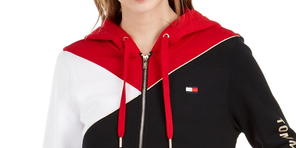 Tommy Hilfiger Sport Colorblocked Moletom com capuz e zíper feminino, preto, tamanho médio