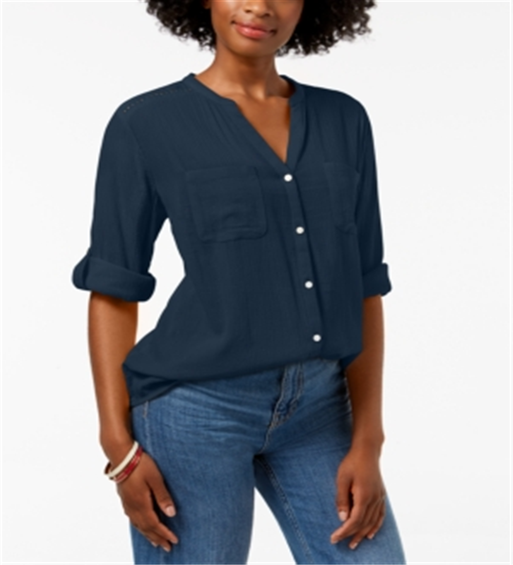 Camisa utilitária feminina Charter Club com decote dividido, azul, pequena e pequena