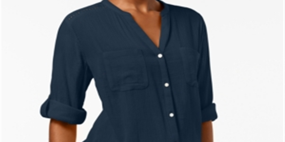 Camisa utilitária feminina Charter Club com decote dividido, azul, pequena e pequena