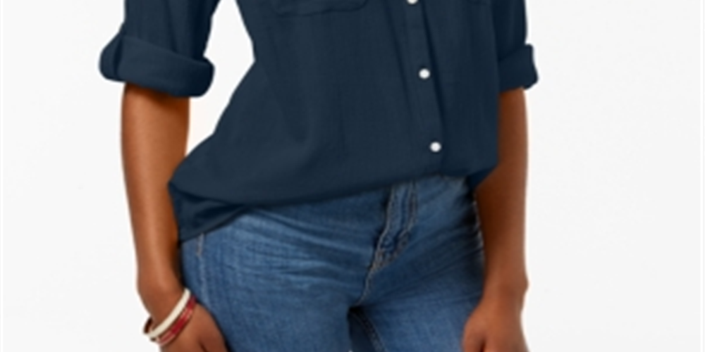Camisa utilitária feminina Charter Club com decote dividido, azul, pequena e pequena