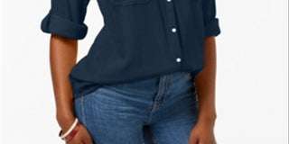 Camisa utilitária feminina Charter Club com decote dividido, azul, pequena e pequena