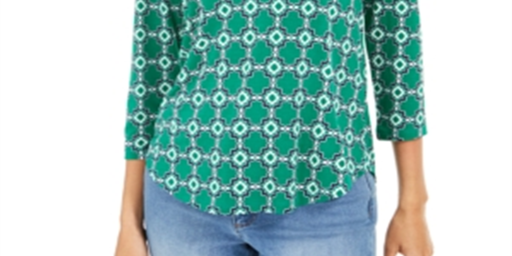 Top feminino estampado Charter Club com manga 3/4, verde, pequeno, médio