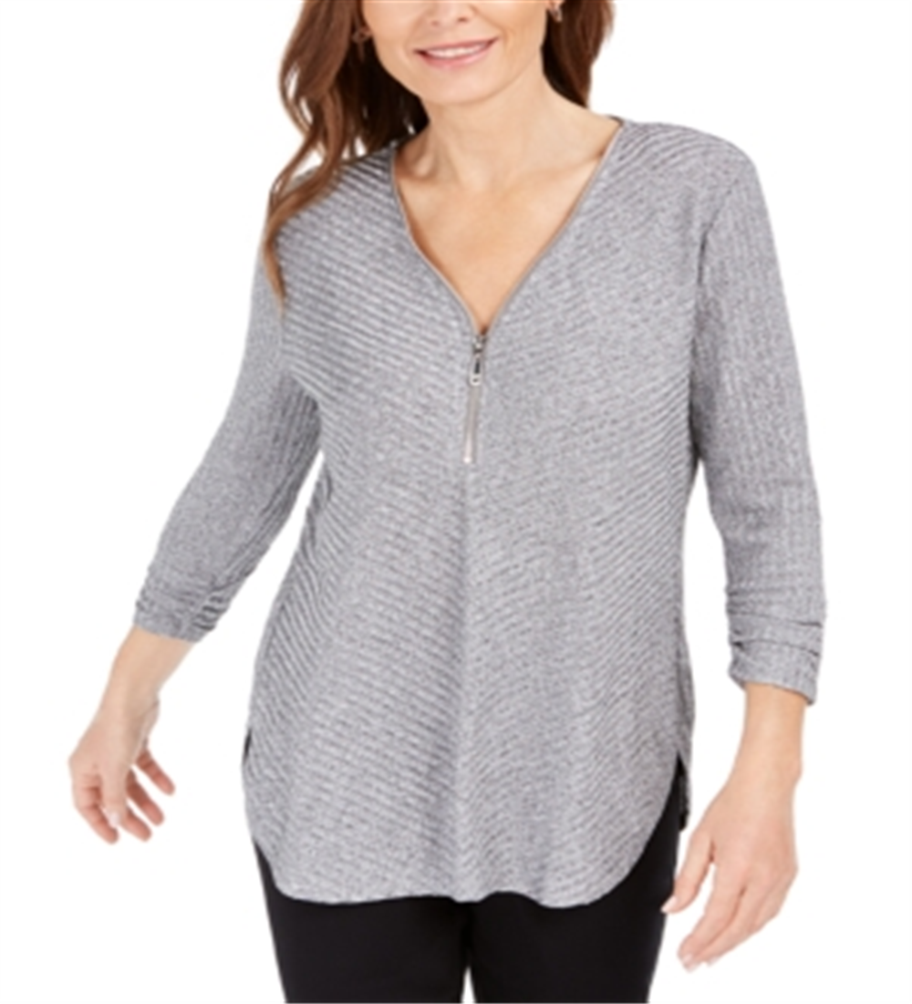 Suéter feminino canelado com zíper e detalhes em cinza, tamanho pequeno, da coleção JM