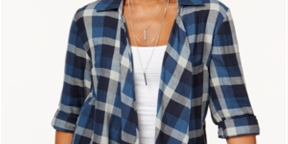 Calça feminina xadrez aberta de algodão estilo &amp; co, azul, tamanho extragrande