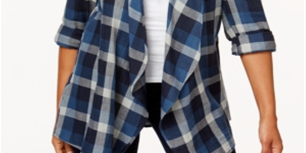 Calça feminina xadrez aberta de algodão estilo &amp; co, azul, tamanho extragrande