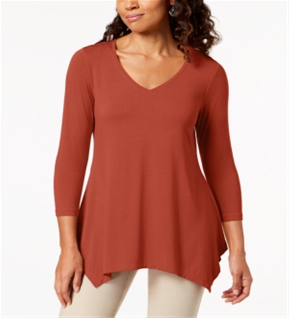 JM Collection Top feminino com decote em V e bainha em lenço, vermelho, tamanho médio