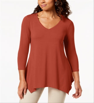 JM Collection Top feminino com decote em V e bainha em lenço, vermelho, tamanho médio