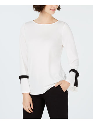 Charter Club Blusa feminina lisa de manga comprida com decote em joia, branca, tamanho médio