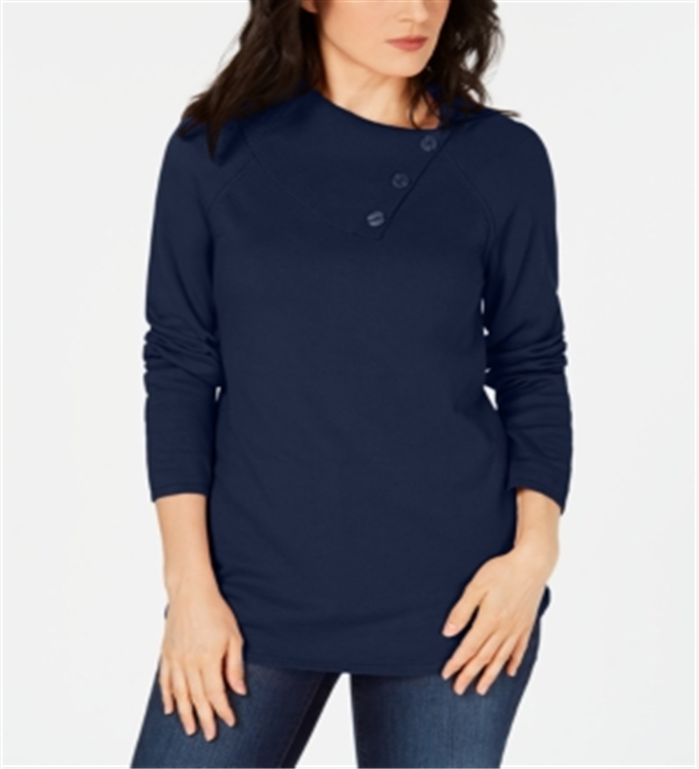 Karen Scott Suéter Feminino de Algodão com Gola Envelope Azul Tamanho XS