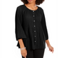 Blusa plissada com botões frontais e manga sino da NY Collection feminina, preta, tamanho pequeno médio