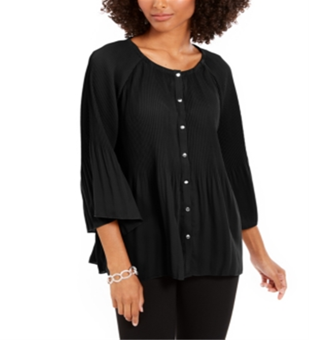 Blusa plissada com botões frontais e manga sino da NY Collection feminina, preta, tamanho pequeno médio