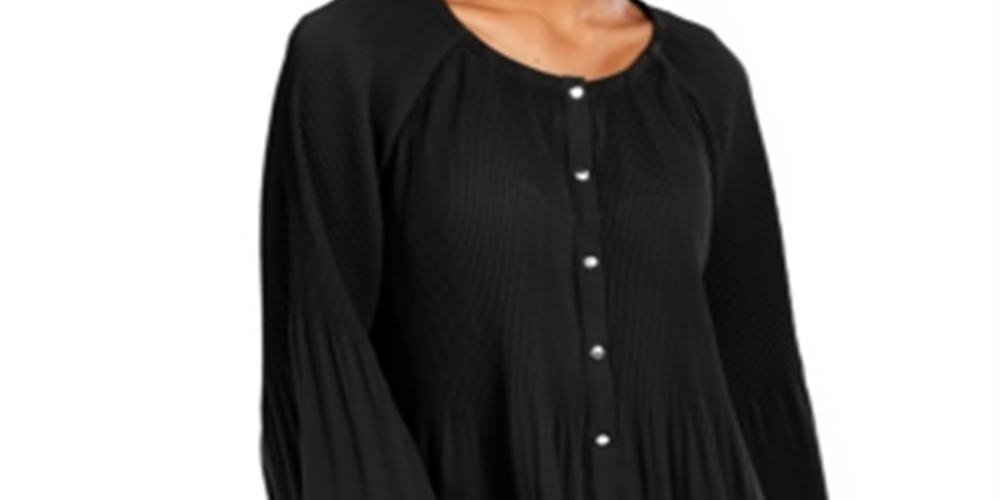 Blusa plissada com botões frontais e manga sino da NY Collection feminina, preta, tamanho pequeno médio