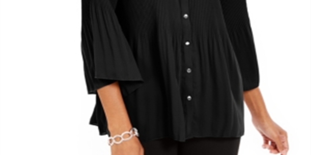 Blusa plissada com botões frontais e manga sino da NY Collection feminina, preta, tamanho pequeno médio