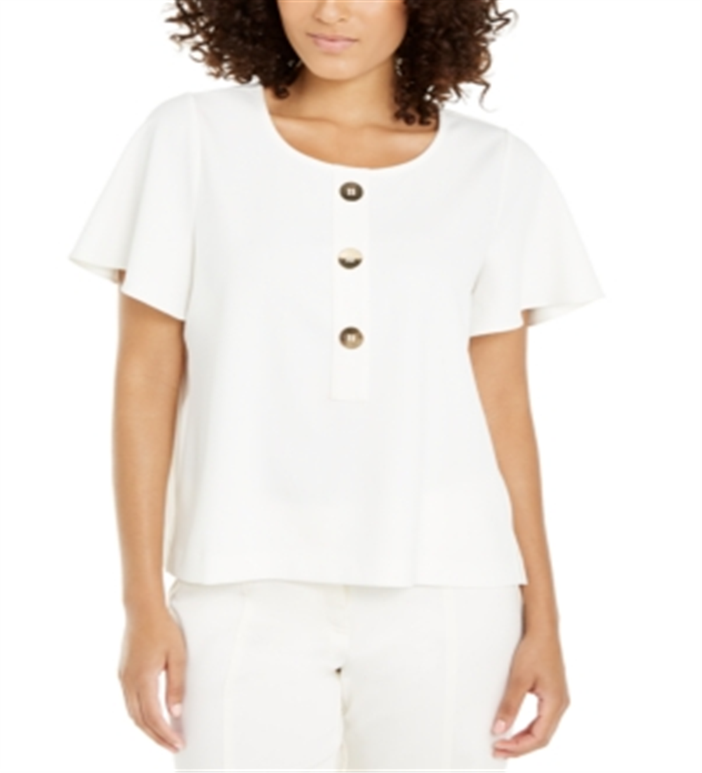 Blusa feminina Alfani com decote em botão e mangas bufantes, branca, tamanho grande