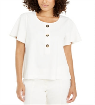 Blusa feminina Alfani com decote em botão e mangas bufantes, branca, tamanho grande