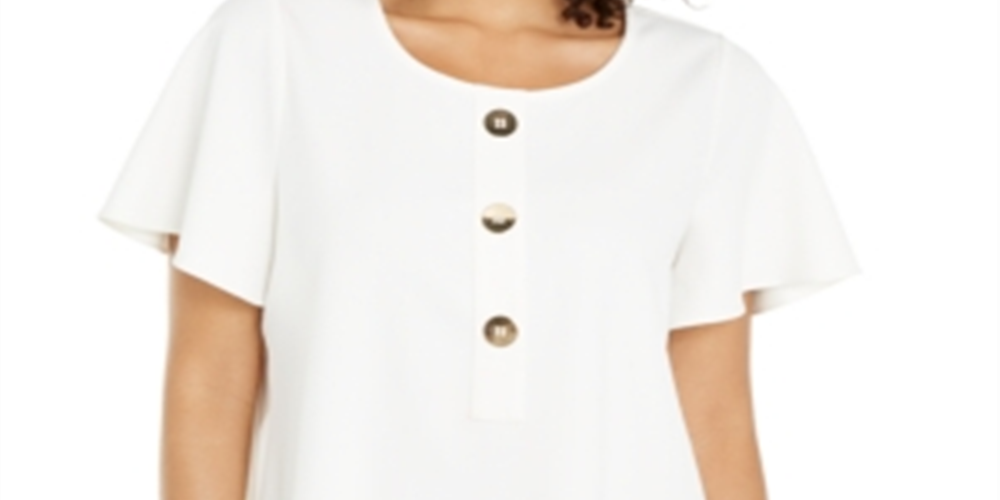 Blusa feminina Alfani com decote em botão e mangas bufantes, branca, tamanho grande