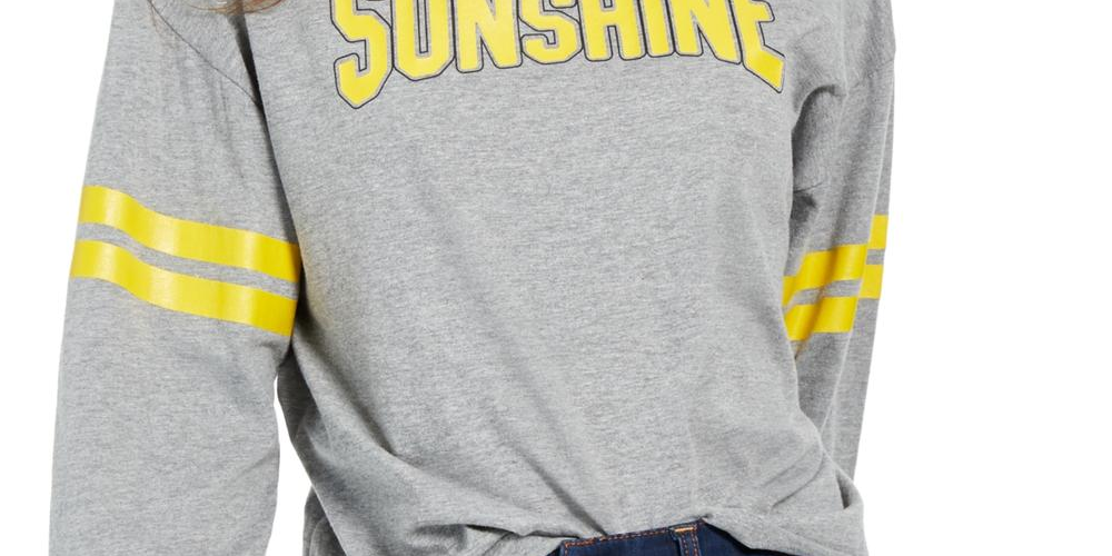 Camiseta feminina moderna Lux com slogan Sunshine, cinza, tamanho grande
