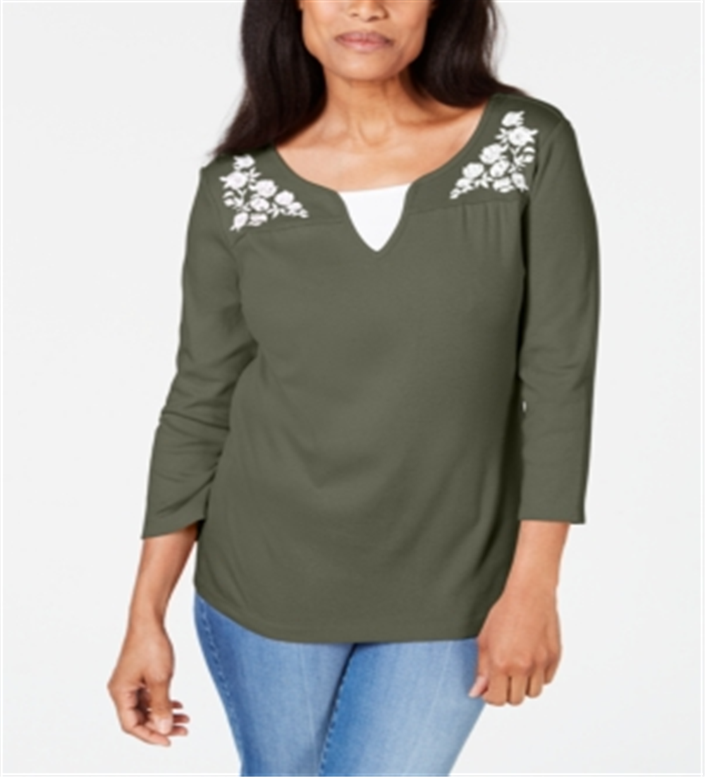 Blusa feminina Karen Scott de algodão bordado com camadas, verde, tamanho grande