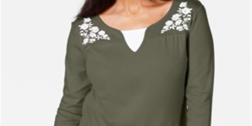 Blusa feminina Karen Scott de algodão bordado com camadas, verde, tamanho grande
