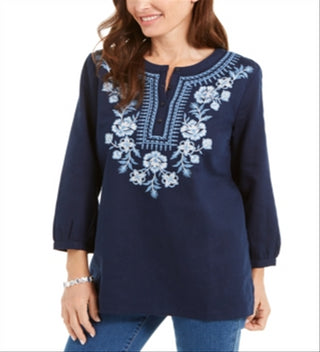 Charter Club Women's Metallic-Embroidery Linen Blend Tunic Blue Size Medium