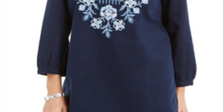 Charter Club Women's Metallic-Embroidery Linen Blend Tunic Blue Size Medium
