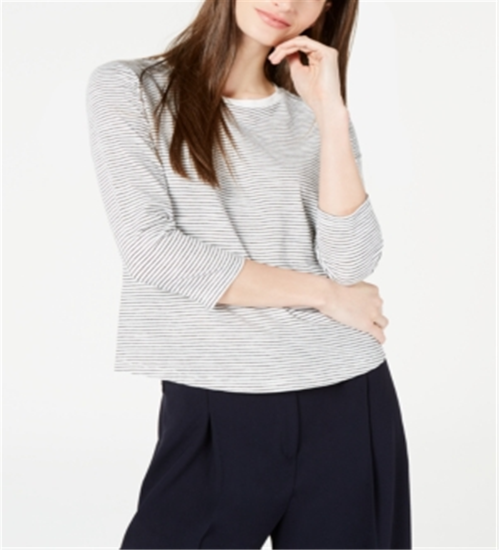 Camisa listrada feminina Maison Jules com manga 3/4, branca, tamanho extragrande
