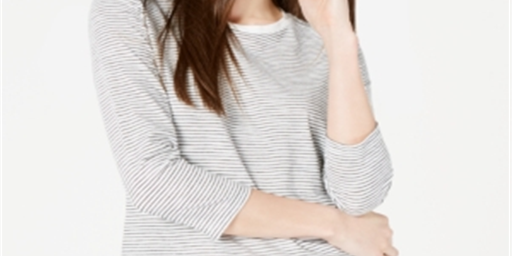 Camisa listrada feminina Maison Jules com manga 3/4, branca, tamanho extragrande