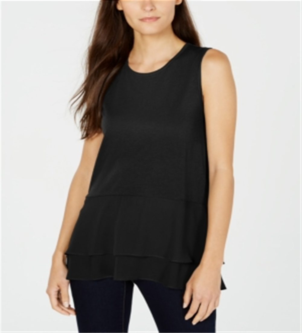Blusa de malha feminina Michael Kors com bainha de mídia mista, preta, tamanho pequeno pequeno