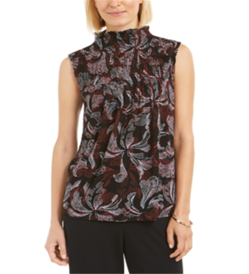 Alfani Feminino Petite Smocked Mock Neck Top Vermelho Petite Pequeno